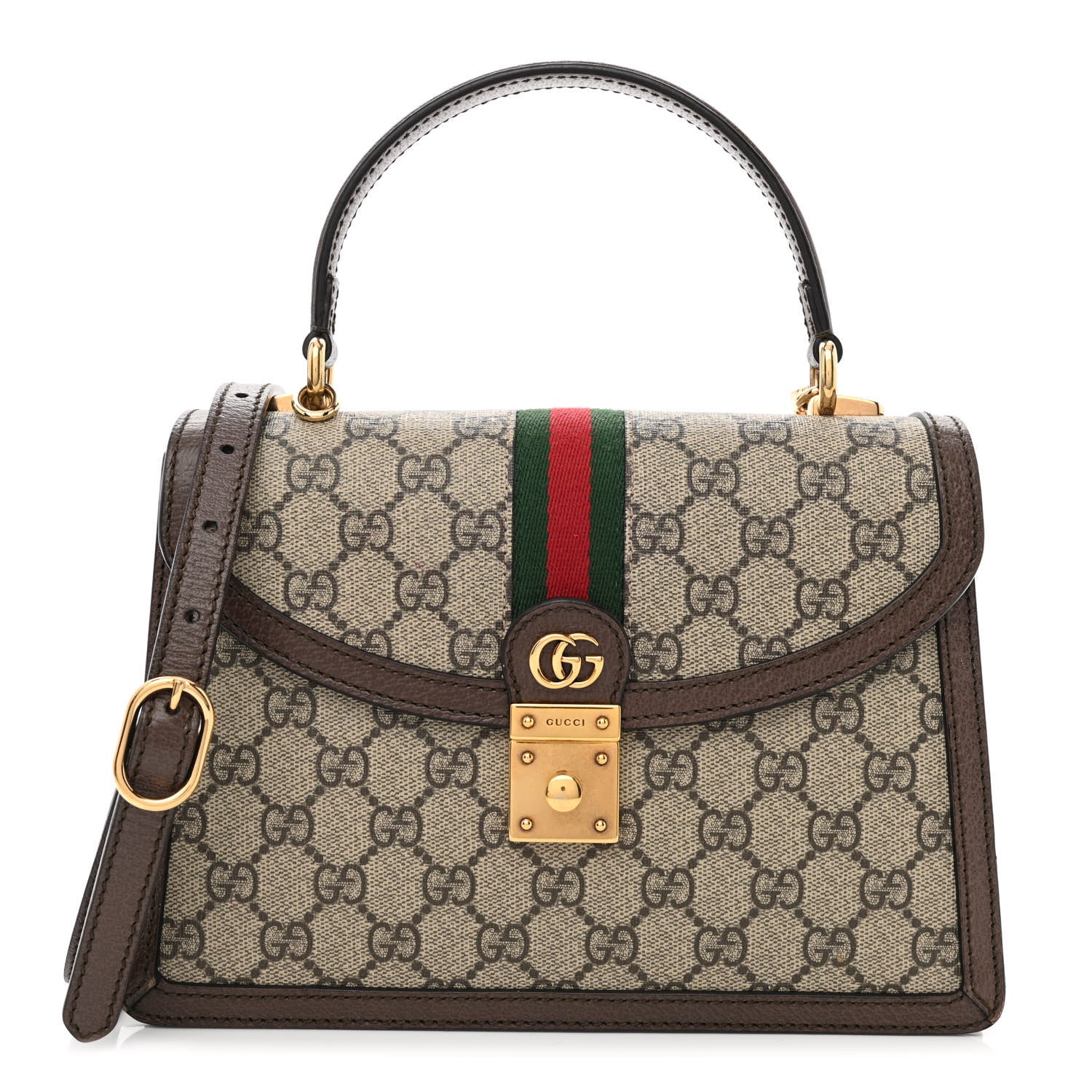 Gucci GG Supreme Monogram Textured Dollar Calfskin Web Small Ophidia Padlock Top Handle Bag Beige Ebony New Acero 1 of 11