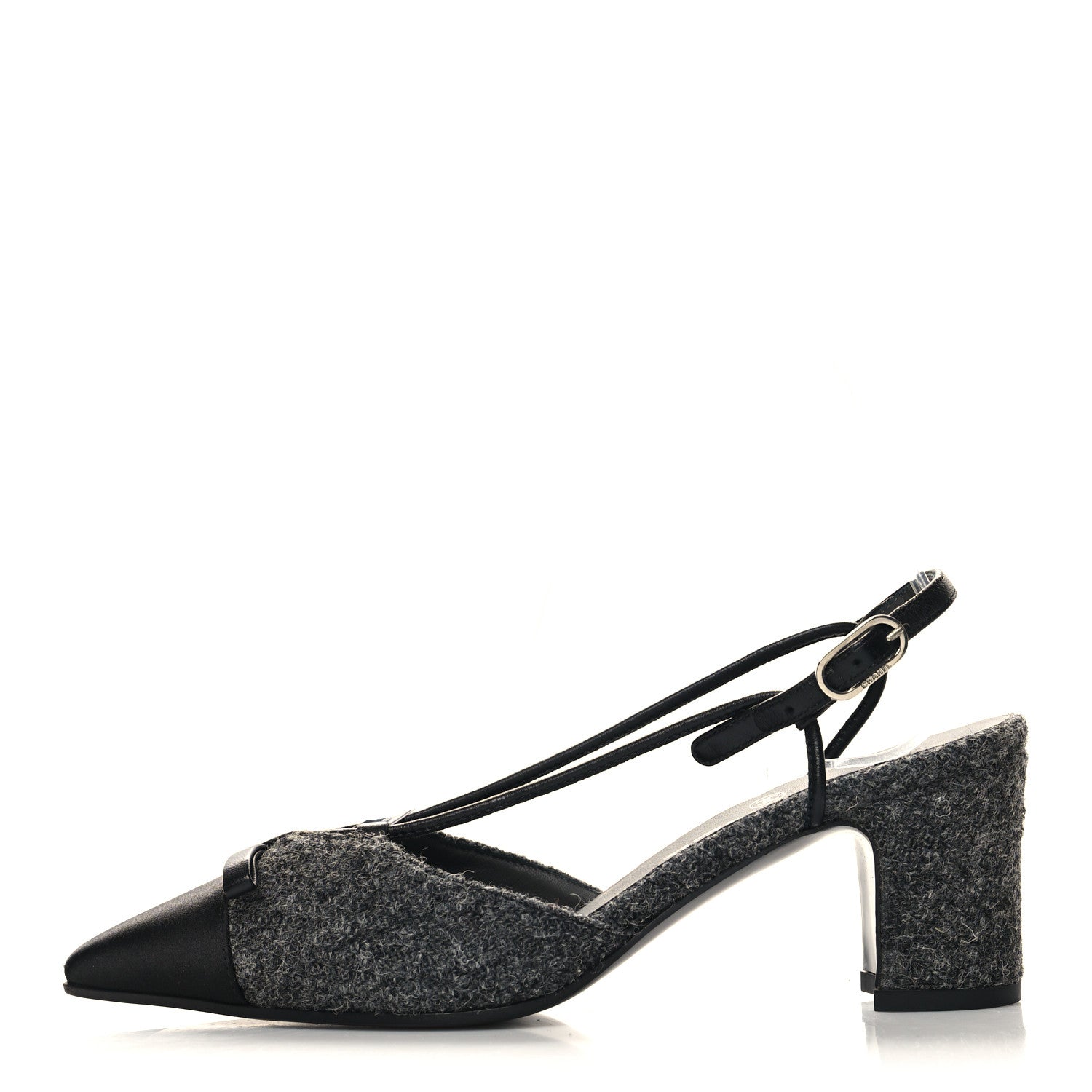 Chanel Tweed Satin Slingback Cap Toe Bow Pumps 36 Grey Black 1 of 8