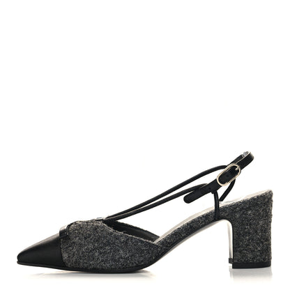Chanel Tweed Satin Slingback Cap Toe Bow Pumps 36 Grey Black 1 of 8