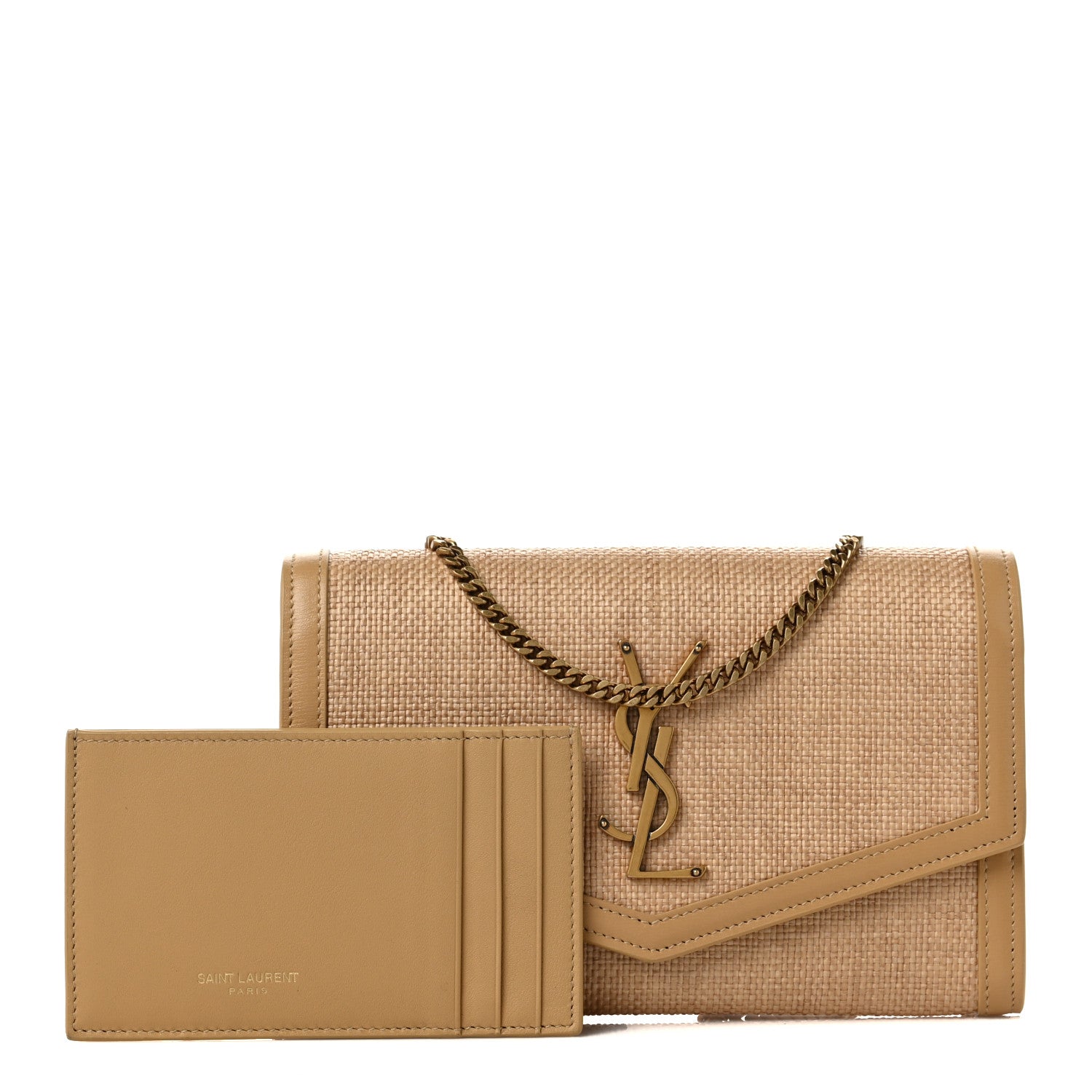 Saint Laurent Micro Raffia Monogram Uptown Chain Wallet Natural Hay Blush 1 of 8