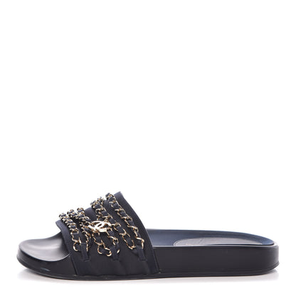 Chanel Satin Canvas Chain Flat Sandals 37 Marine 1 of 16