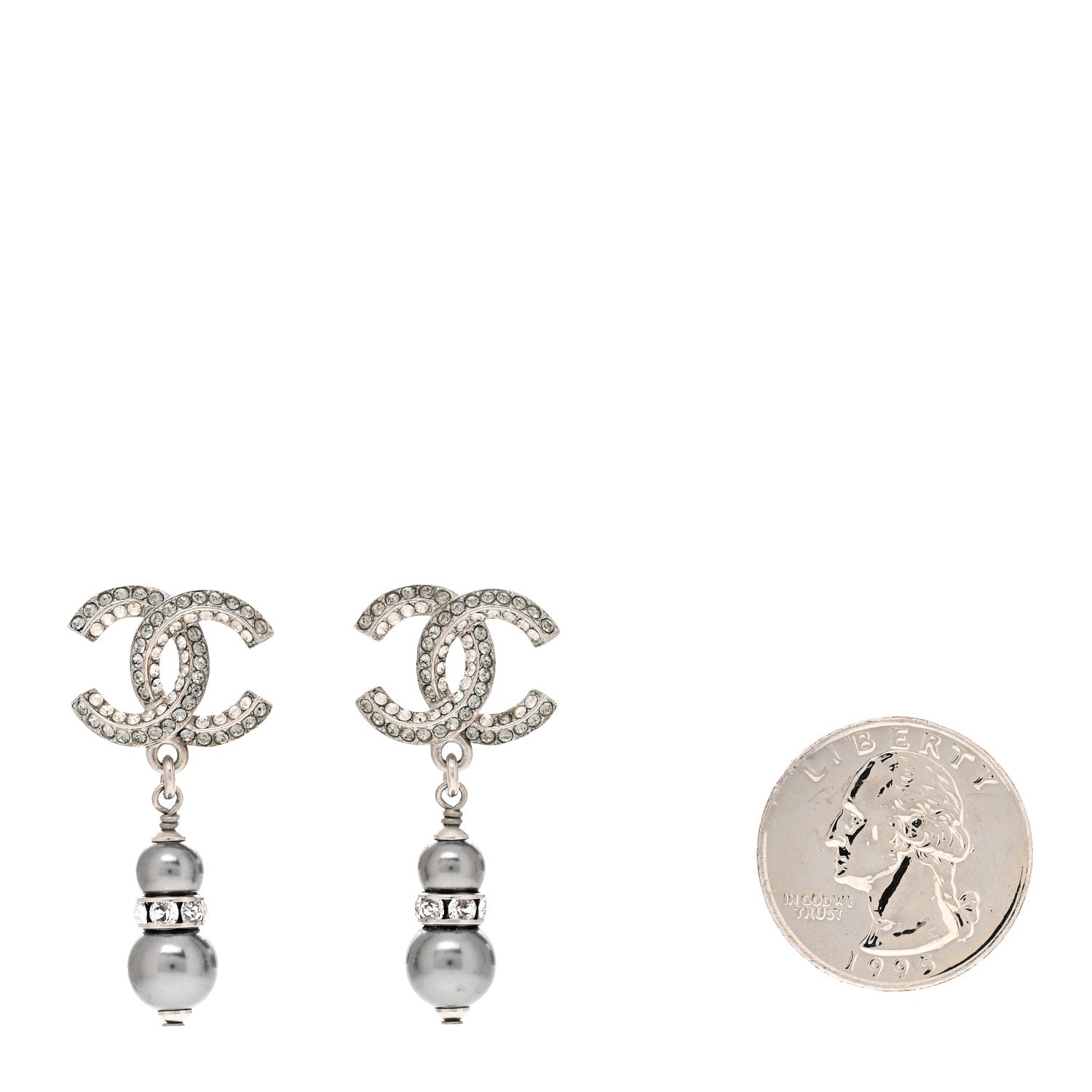 Chanel Crystal Pearl CC Drop Earrings Silver Grey 2 of 4