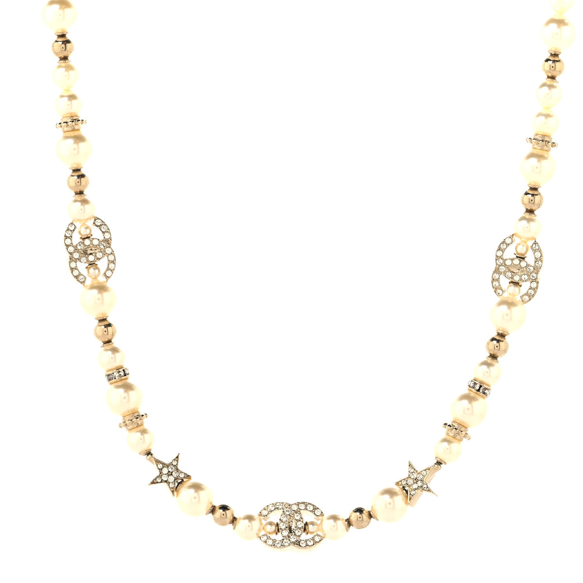 Chanel Metal Crystal Pearl CC Star Short Necklace Gold 1 of 5