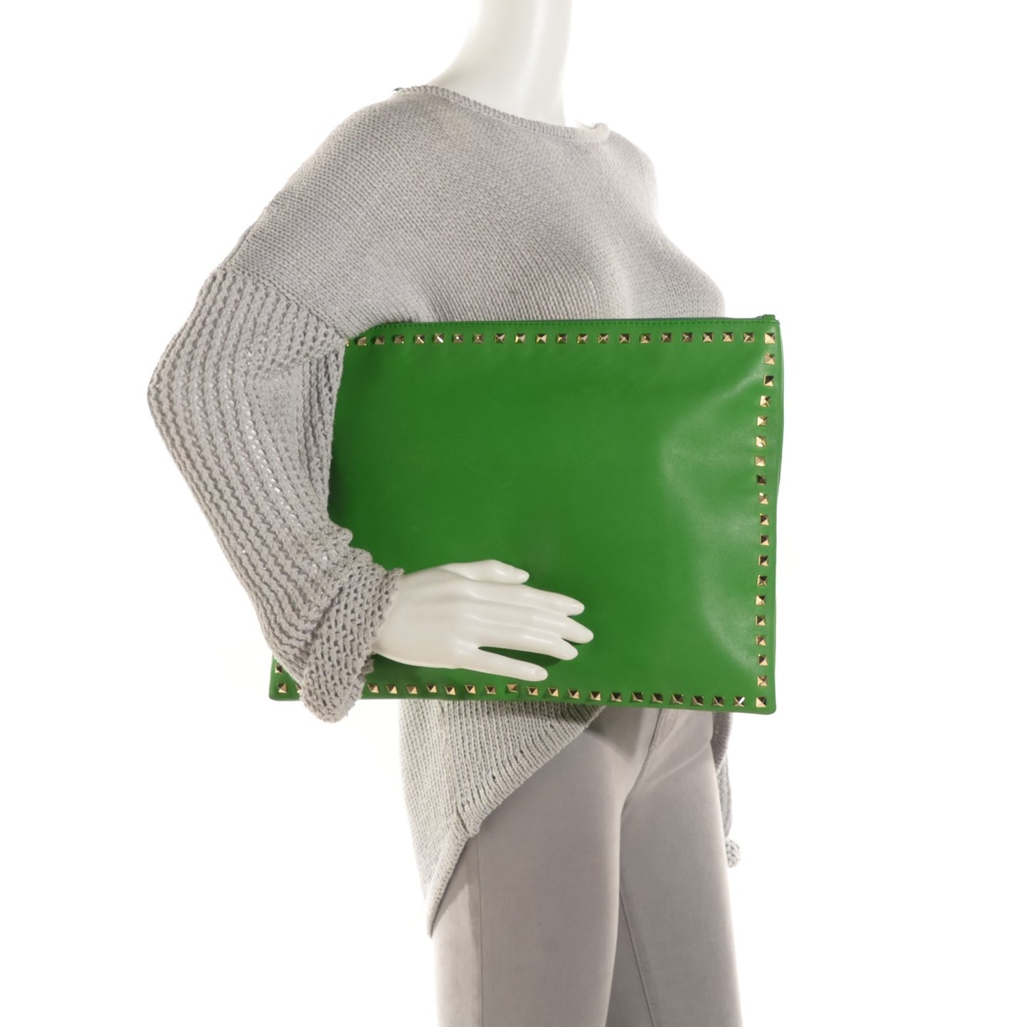 Vitello Rockstud Oversized Zip Wristlet Pouch Green