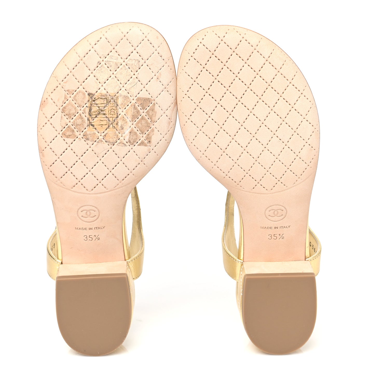 Laminated Lambskin Quilted CC Pearl Thong Sandals 35.5 Gold
