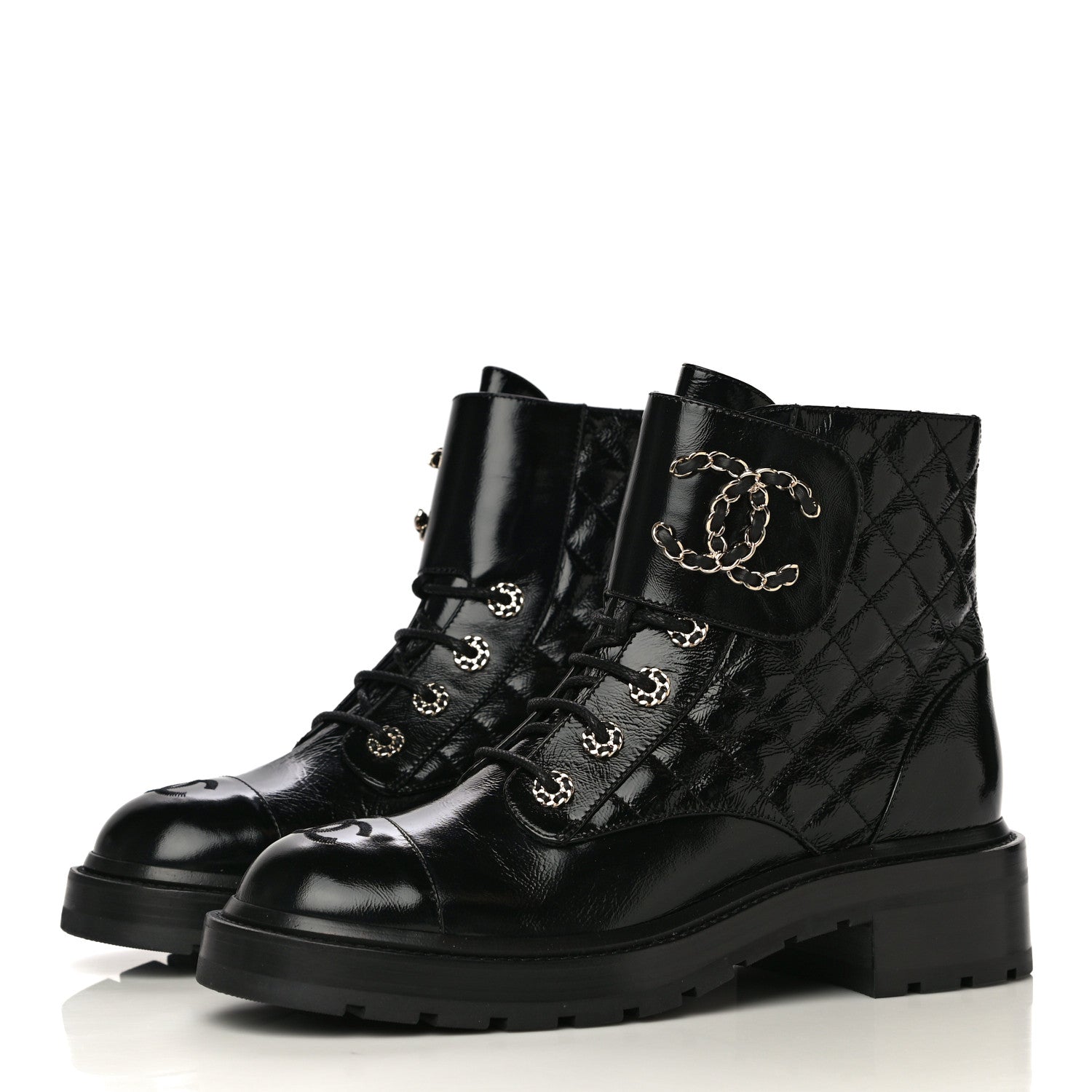 Chanel Shiny Calfskin Quilted Lace Up Combat Boots 39.5 Black 3 of 10