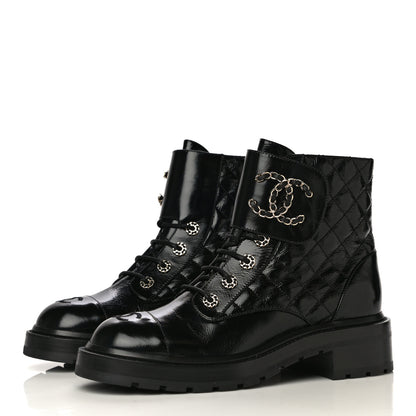 Chanel Shiny Calfskin Quilted Lace Up Combat Boots 39.5 Black 3 of 10