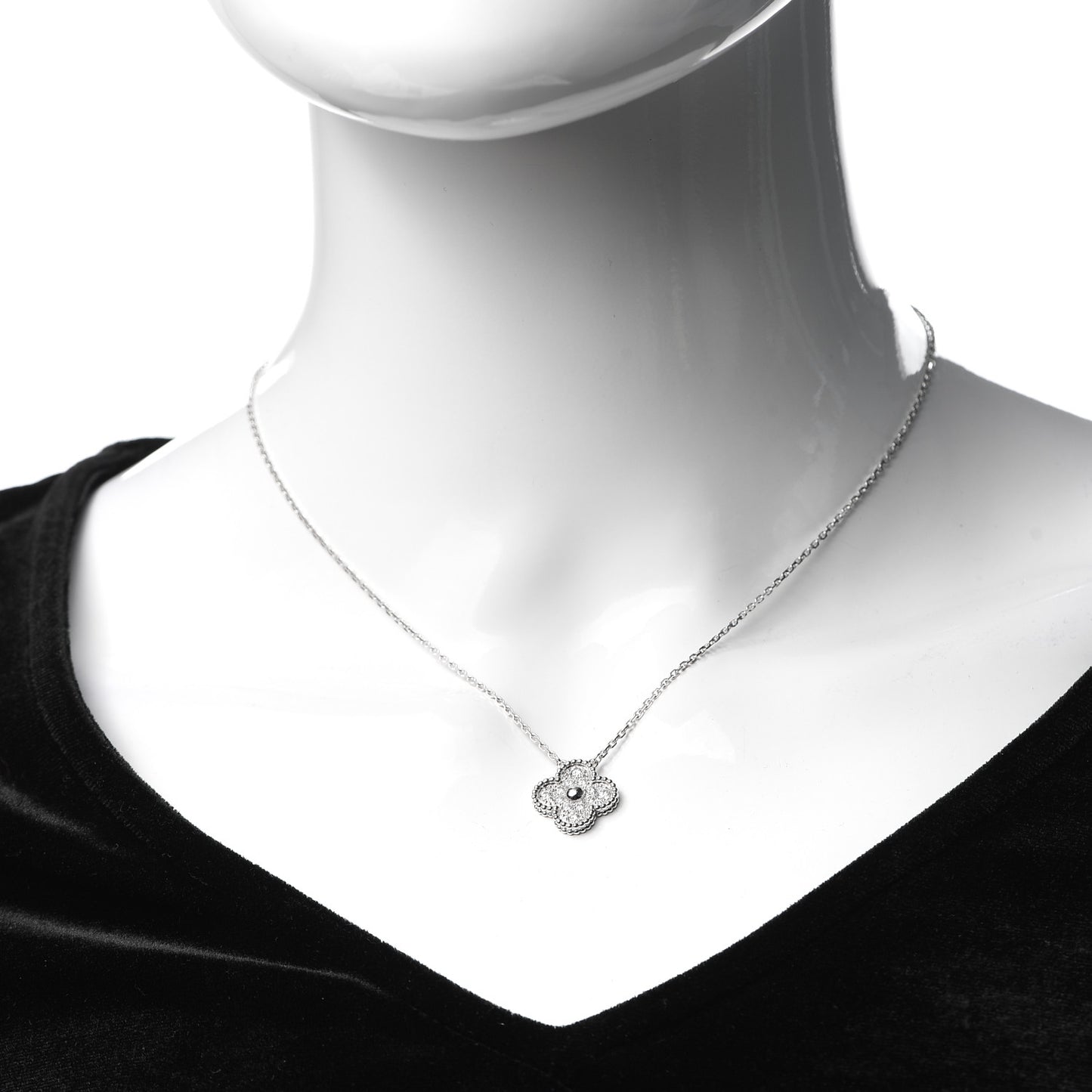 18K White Gold Diamond Vintage Alhambra Pendant Necklace