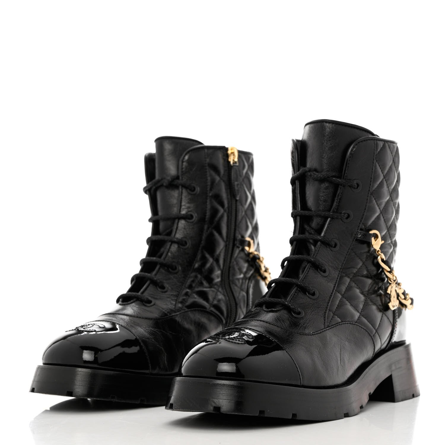Chanel Shiny Calfskin Patent Quilted Chain Lace Up Combat Boots 40 Black 3 of 9