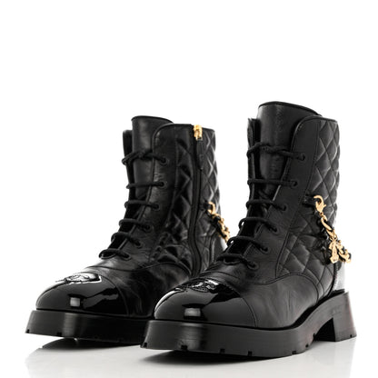 Chanel Shiny Calfskin Patent Quilted Chain Lace Up Combat Boots 40 Black 3 of 9