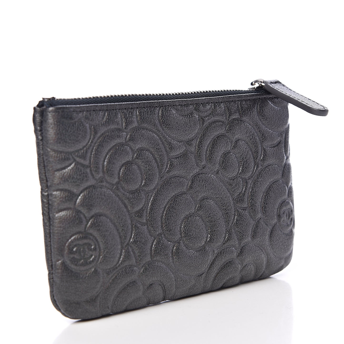 Goatskin Camellia Embossed Cosmetic Pouch Anthracite