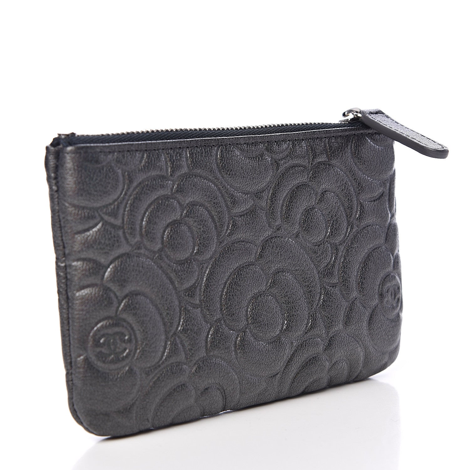 Chanel Goatskin Camellia Embossed Cosmetic Pouch Anthracite 3 of 8
