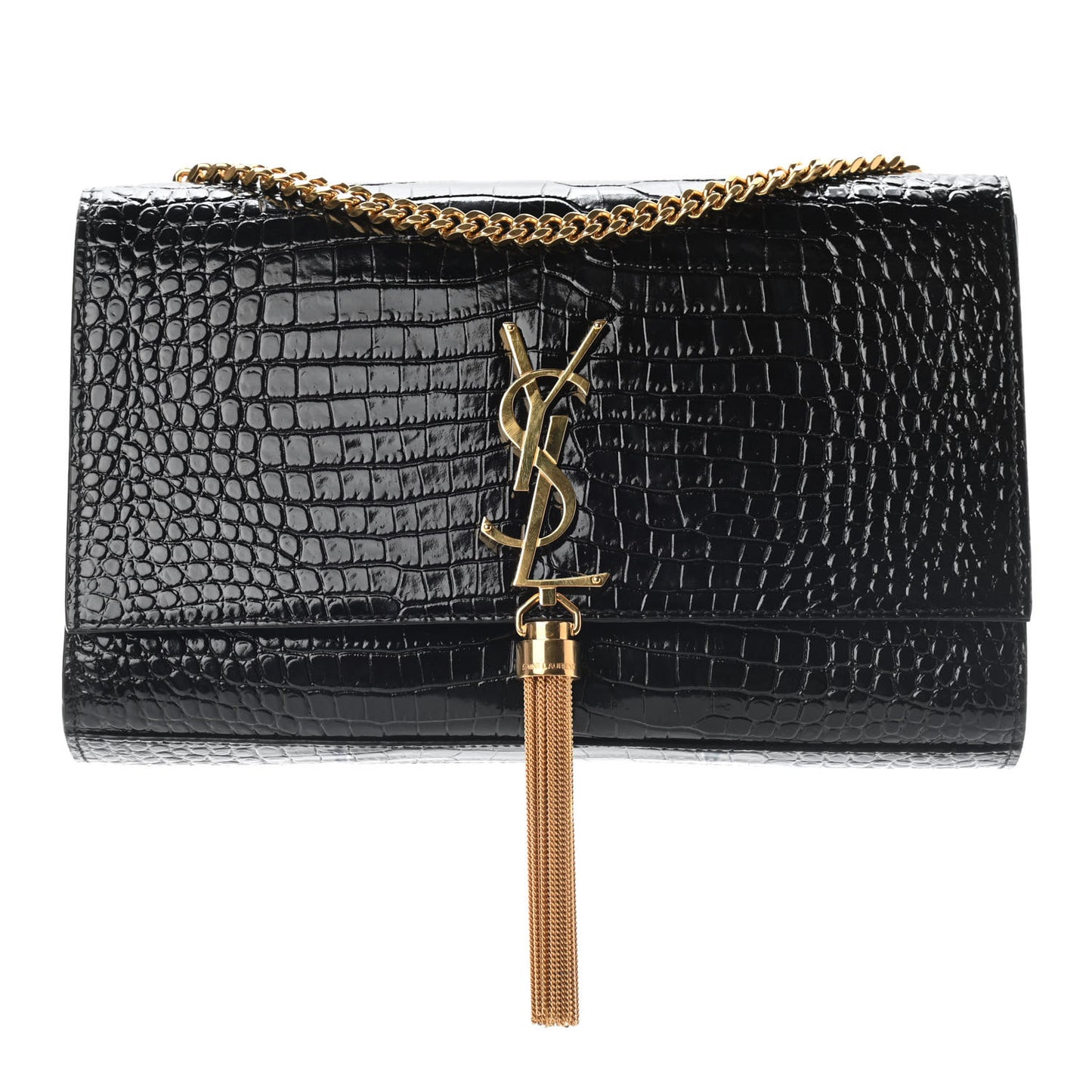 Calfskin Crocodile Embossed Medium Classic Monogram Kate Tassel Satchel Black