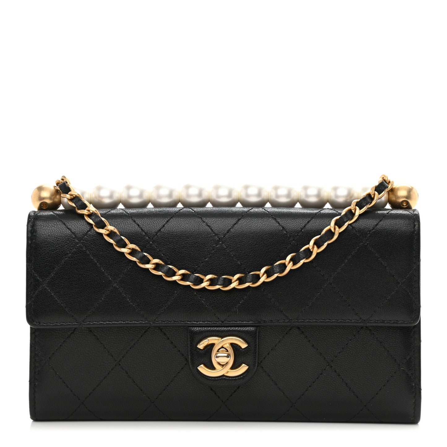 Goatskin Quilted Chic Pearls Clutch With Chain Black