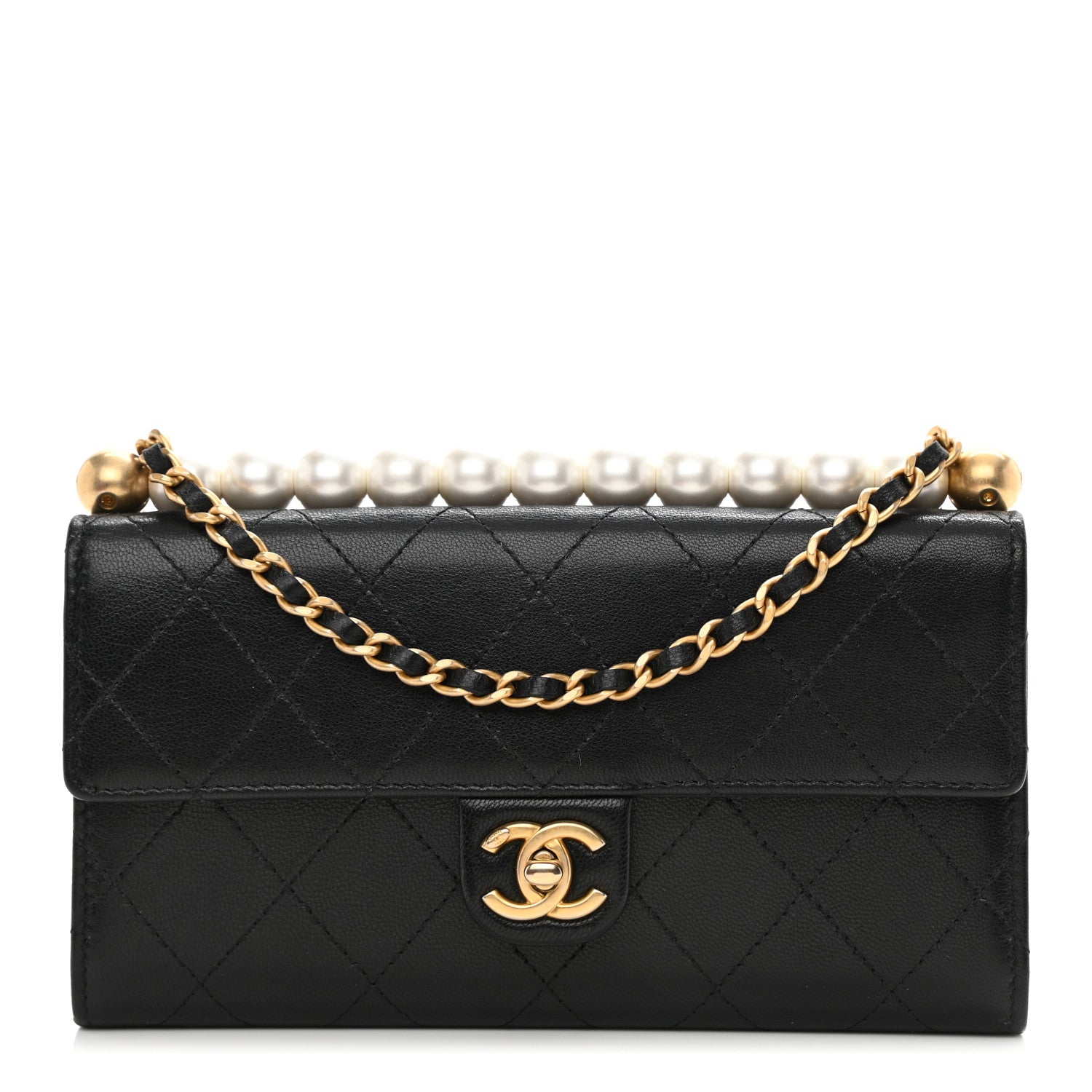 Chanel Goatskin Quilted Chic Pearls Clutch With Chain Black 1 of 10