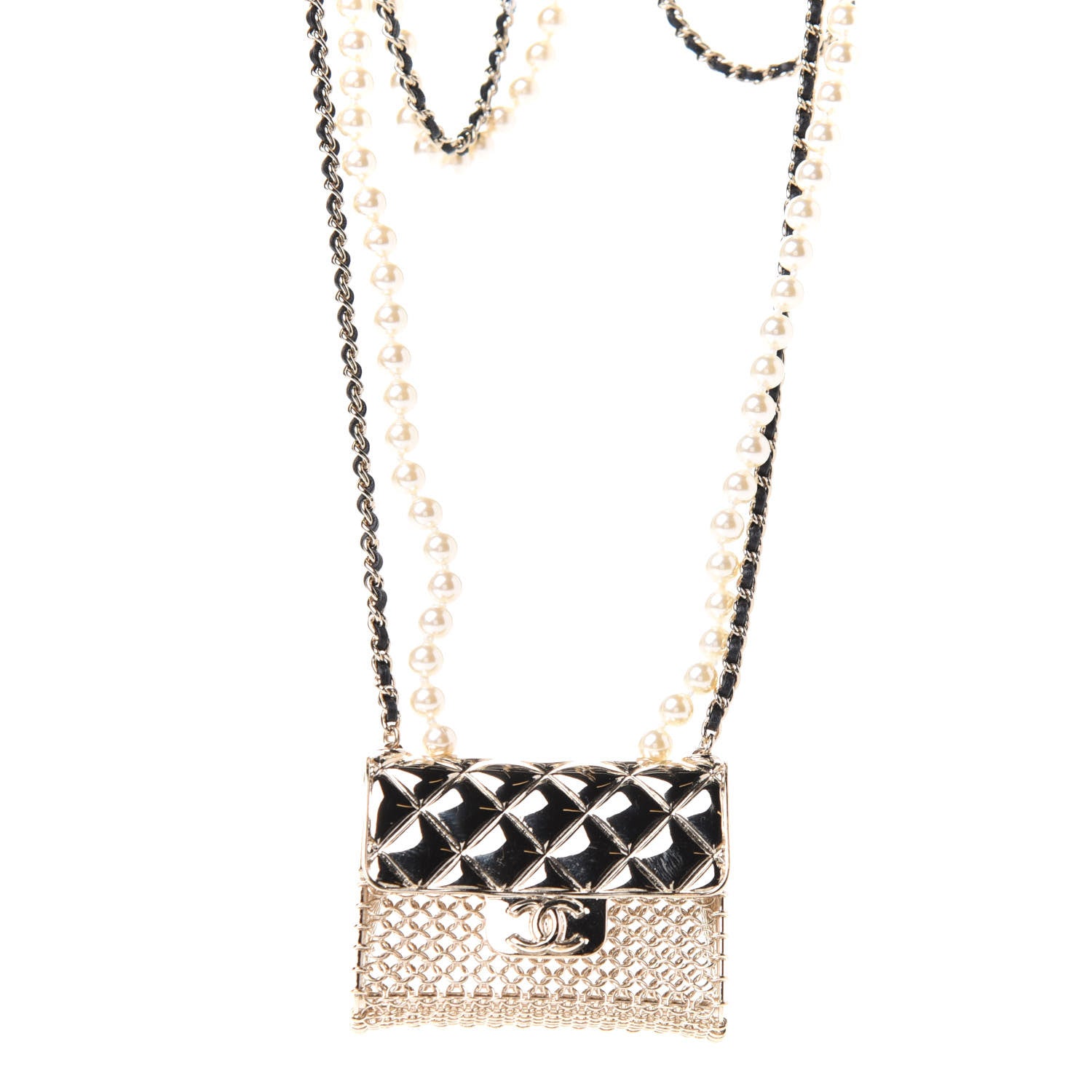 Chanel Metal Lambskin Pearl Chain Flap Bag Long Necklace Gold Black Pearly White 1 of 5
