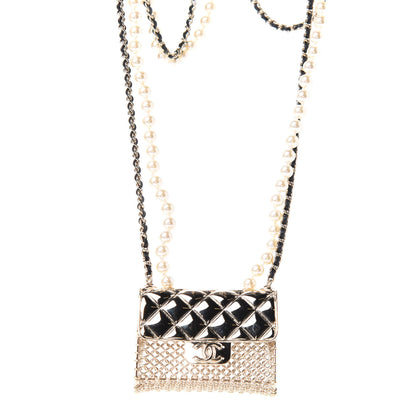 Chanel Metal Lambskin Pearl Chain Flap Bag Long Necklace Gold Black Pearly White 1 of 5