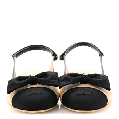 Chanel Lambskin Grosgrain Bow Cap Toe CC Slingback Flats 38.5 Beige Black 3 of 10
