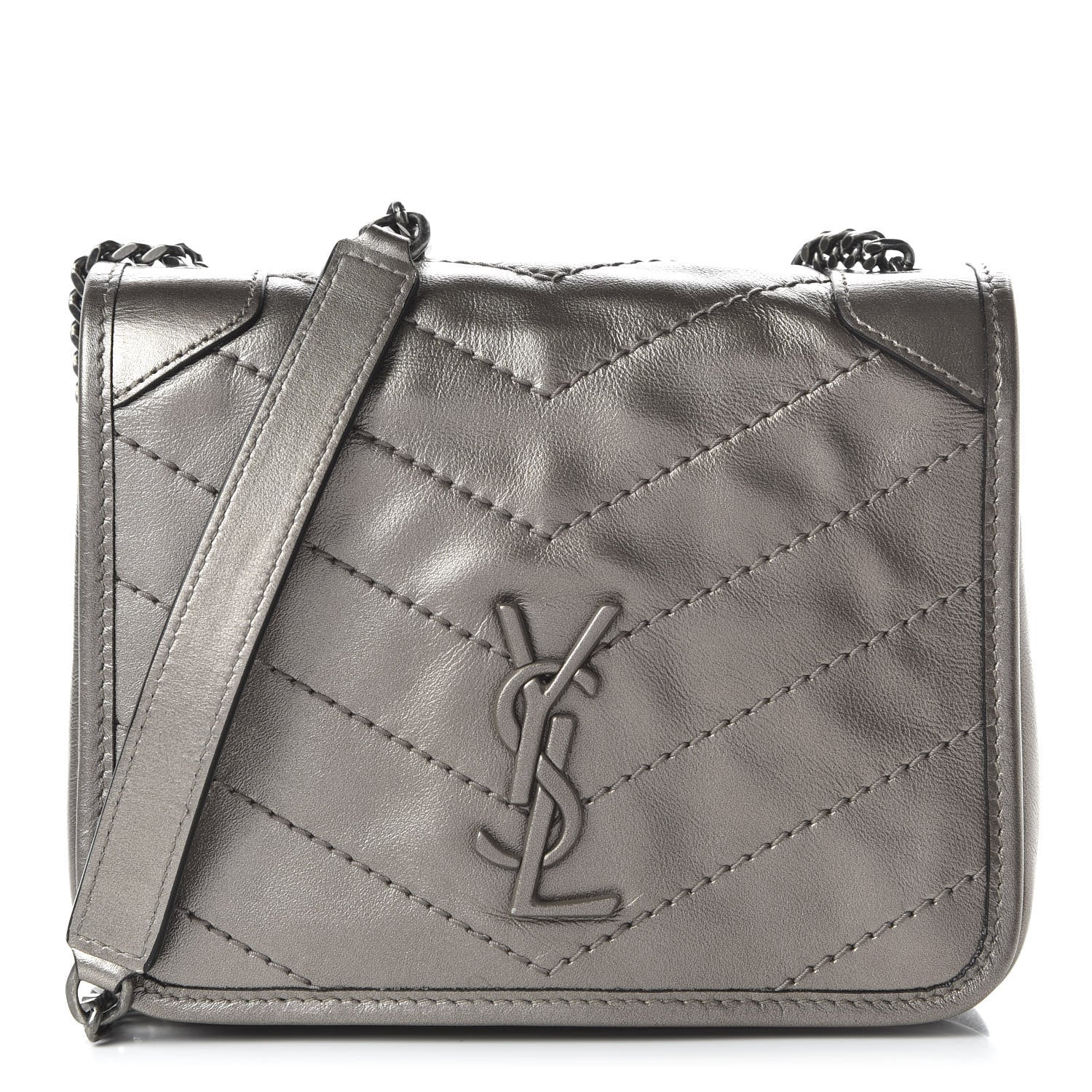 Saint Laurent Metallic Calfskin Matelasse Monogram Niki Chain Wallet Platinum 1 of 8