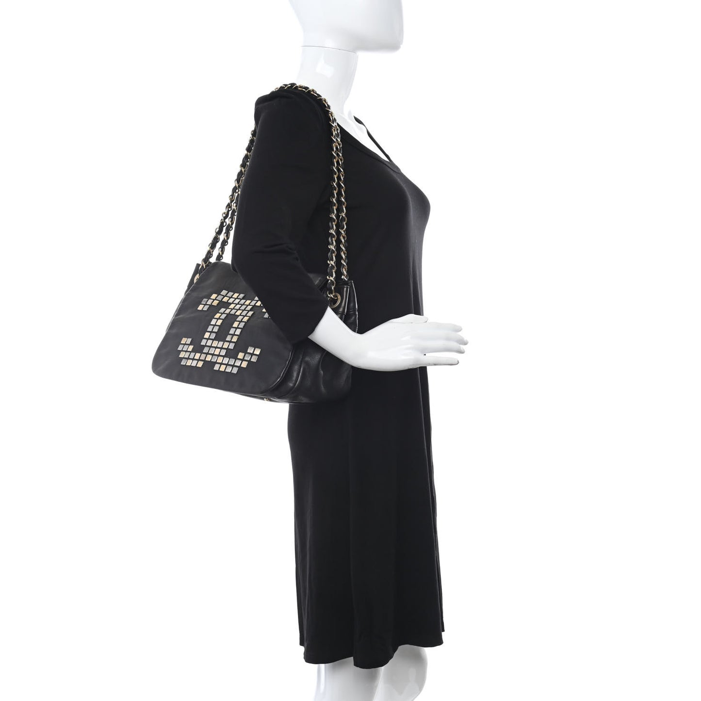 Grained Calfskin Metal Mosaic Flap Black