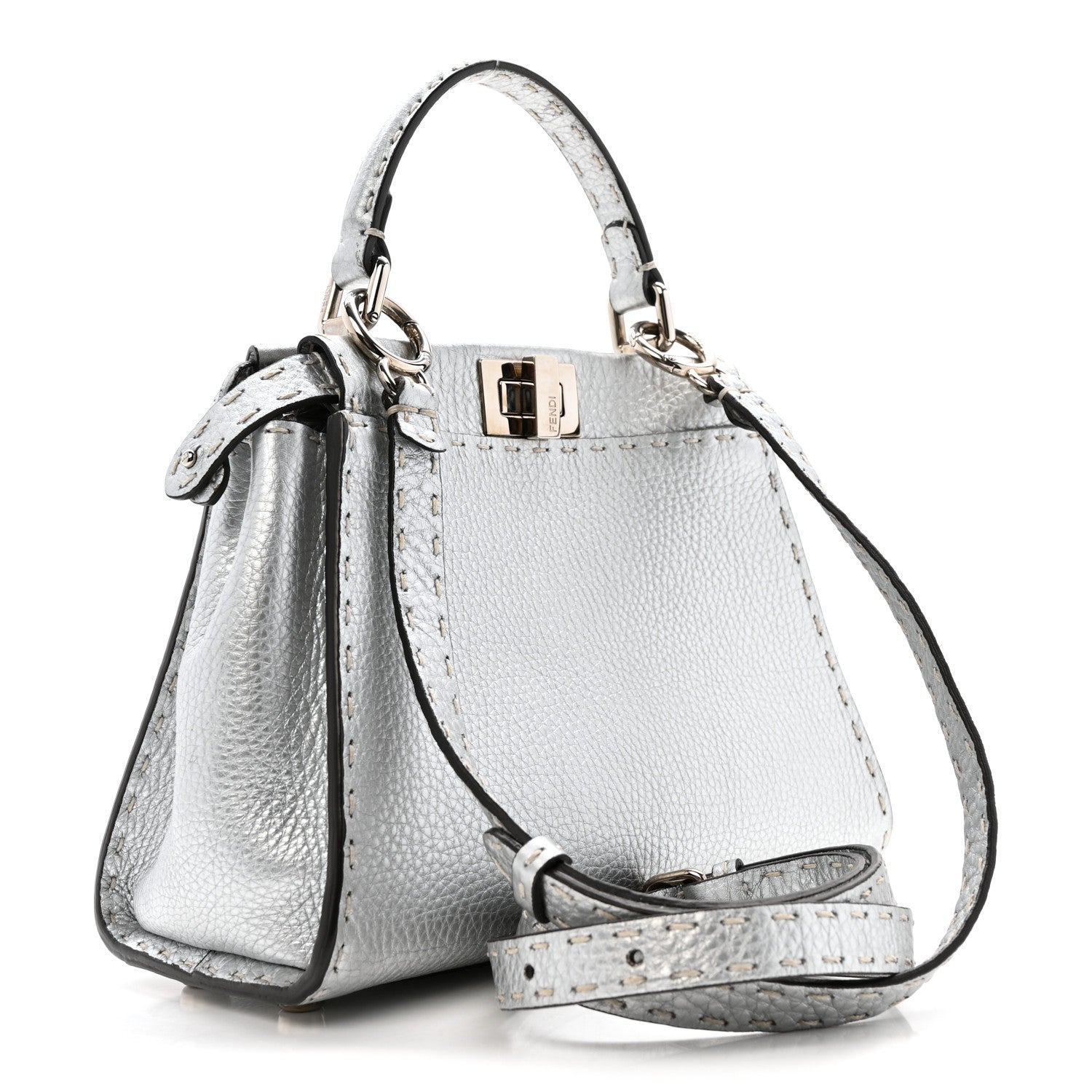 Fendi Cuoio Romano Lux Selleria Mini Peekaboo Iconic Satchel Argento 3 of 13
