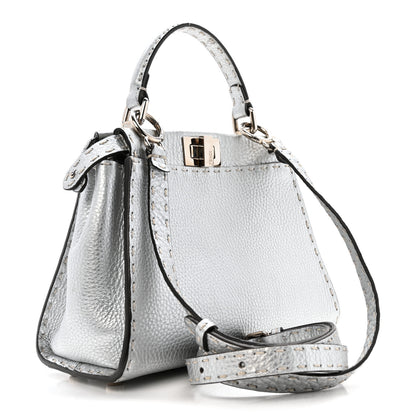 Fendi Cuoio Romano Lux Selleria Mini Peekaboo Iconic Satchel Argento 3 of 13