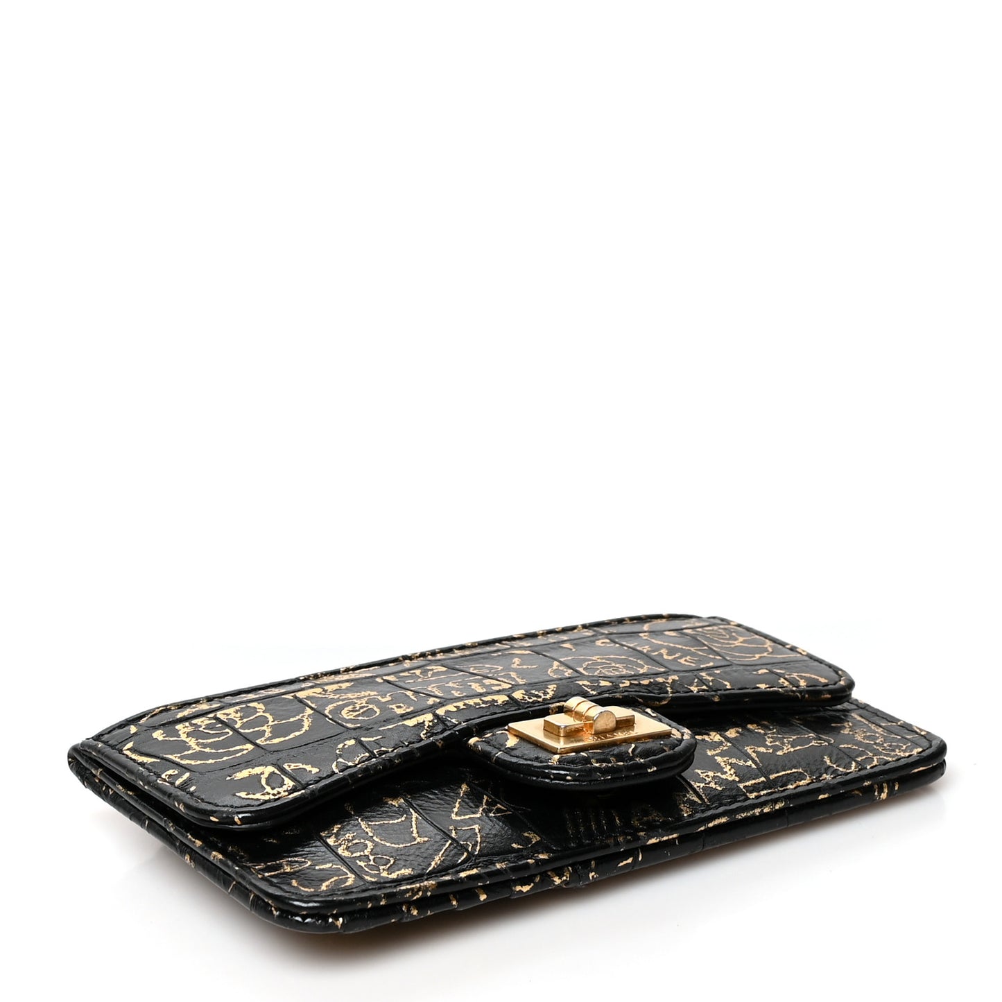 Calfskin Crocodile Embossed Graffiti Reissue Flap Zip Card Holder Black Gold