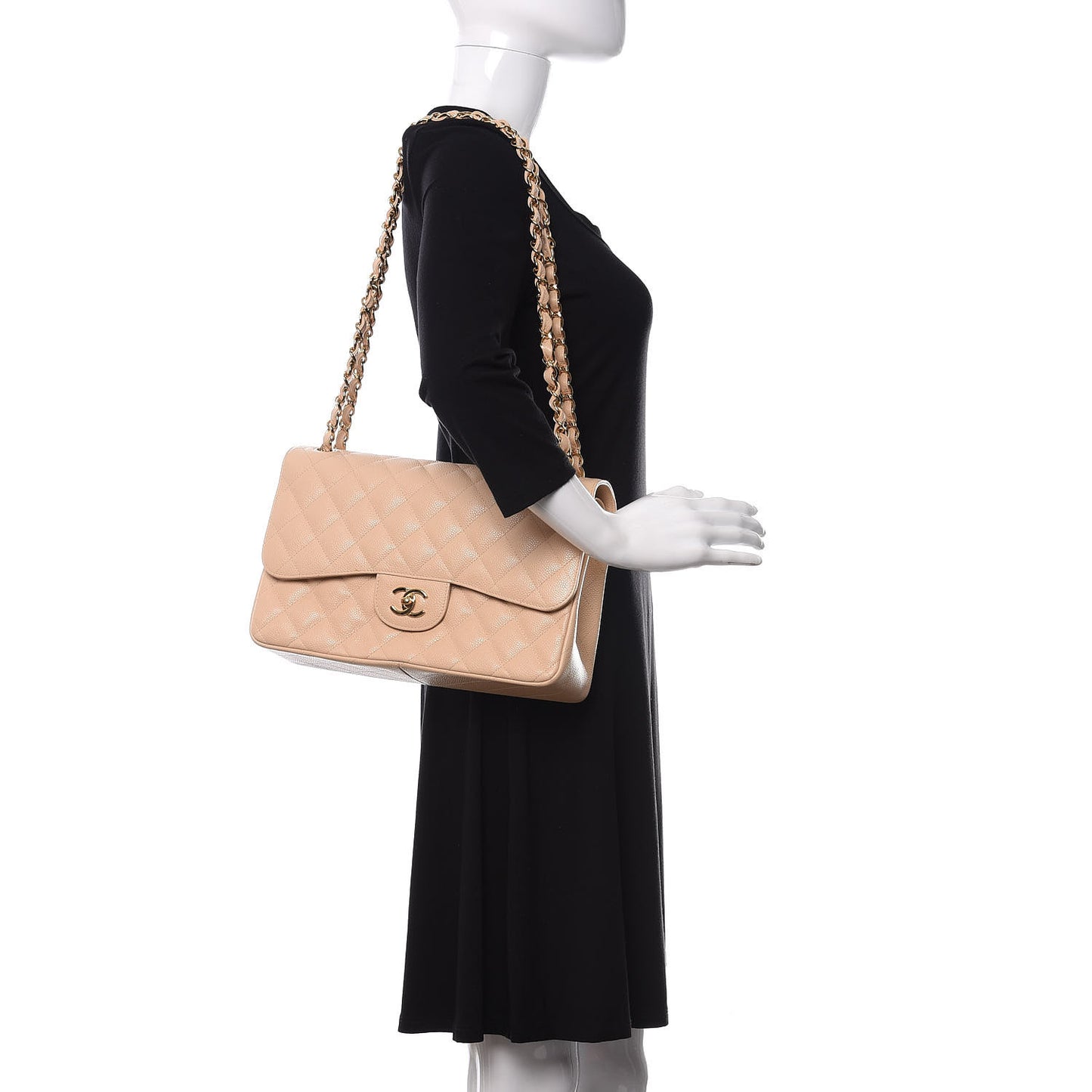 Caviar Quilted Jumbo Double Flap Beige Clair