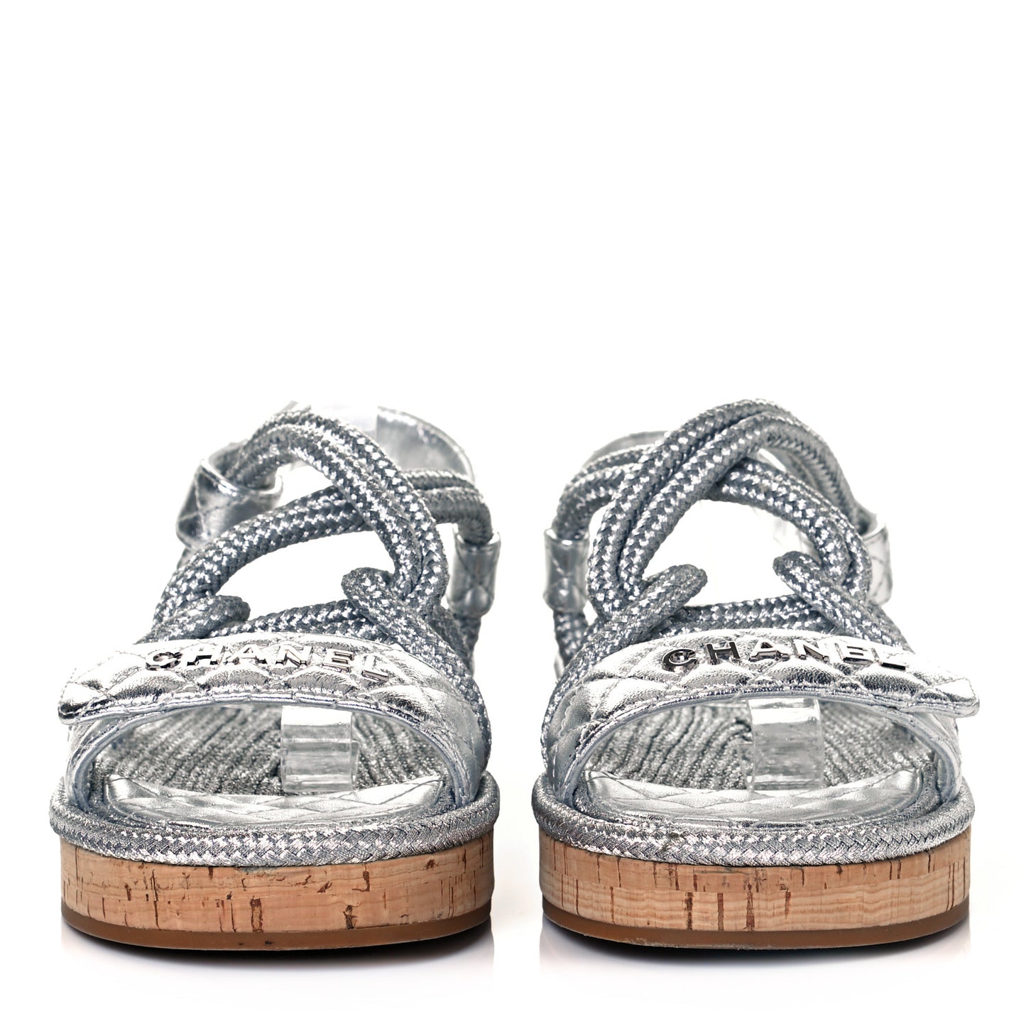 Metallic Cord Lambskin Quilted Logo Sandals 40 Silver
