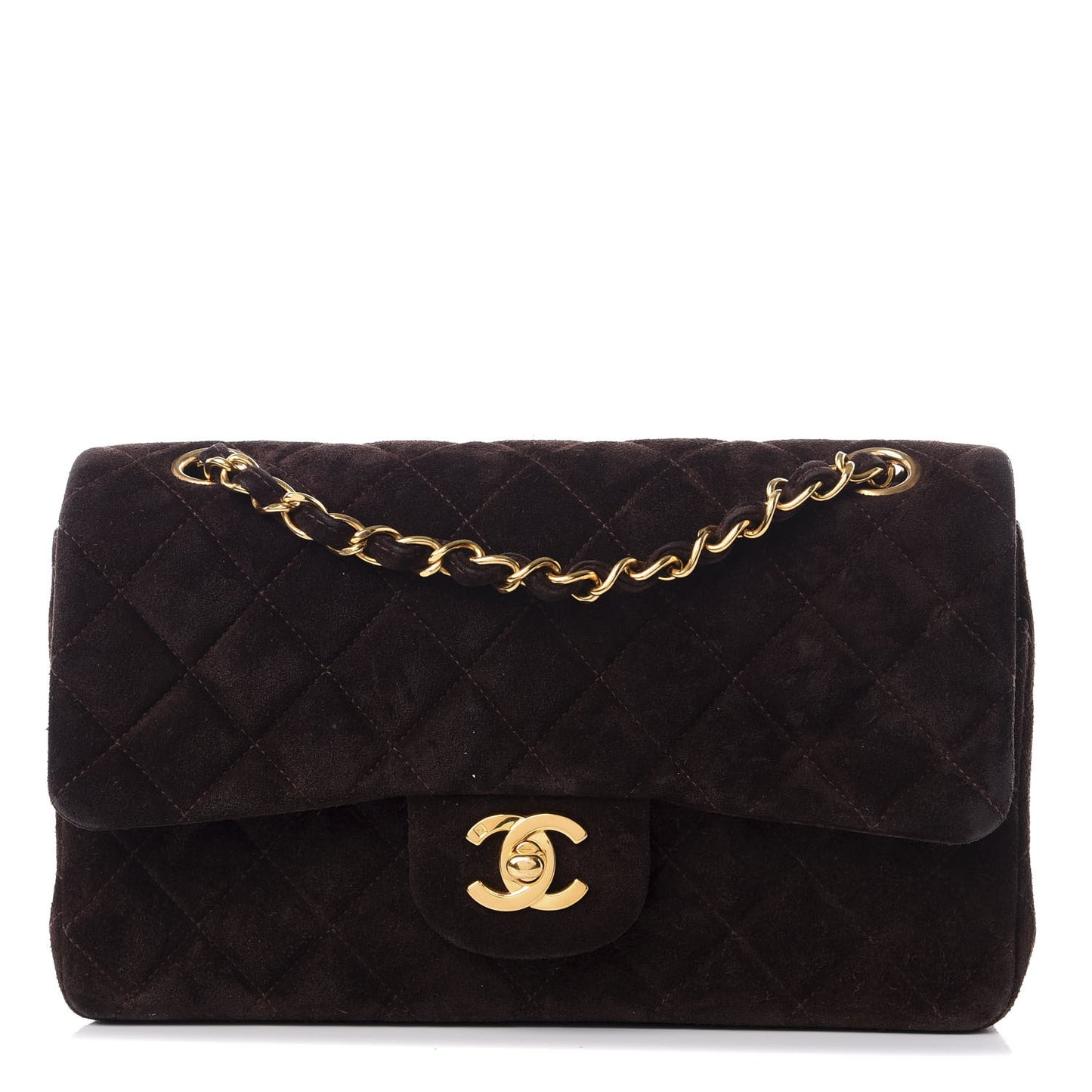 Suede Quilted Small Double Flap Bag Brown