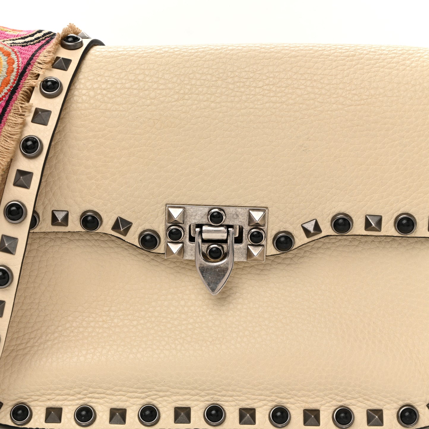 Pebbled Calfskin Onyx Medium Guitar Strap Rockstud Rolling Flap Saddle Bag Ivory