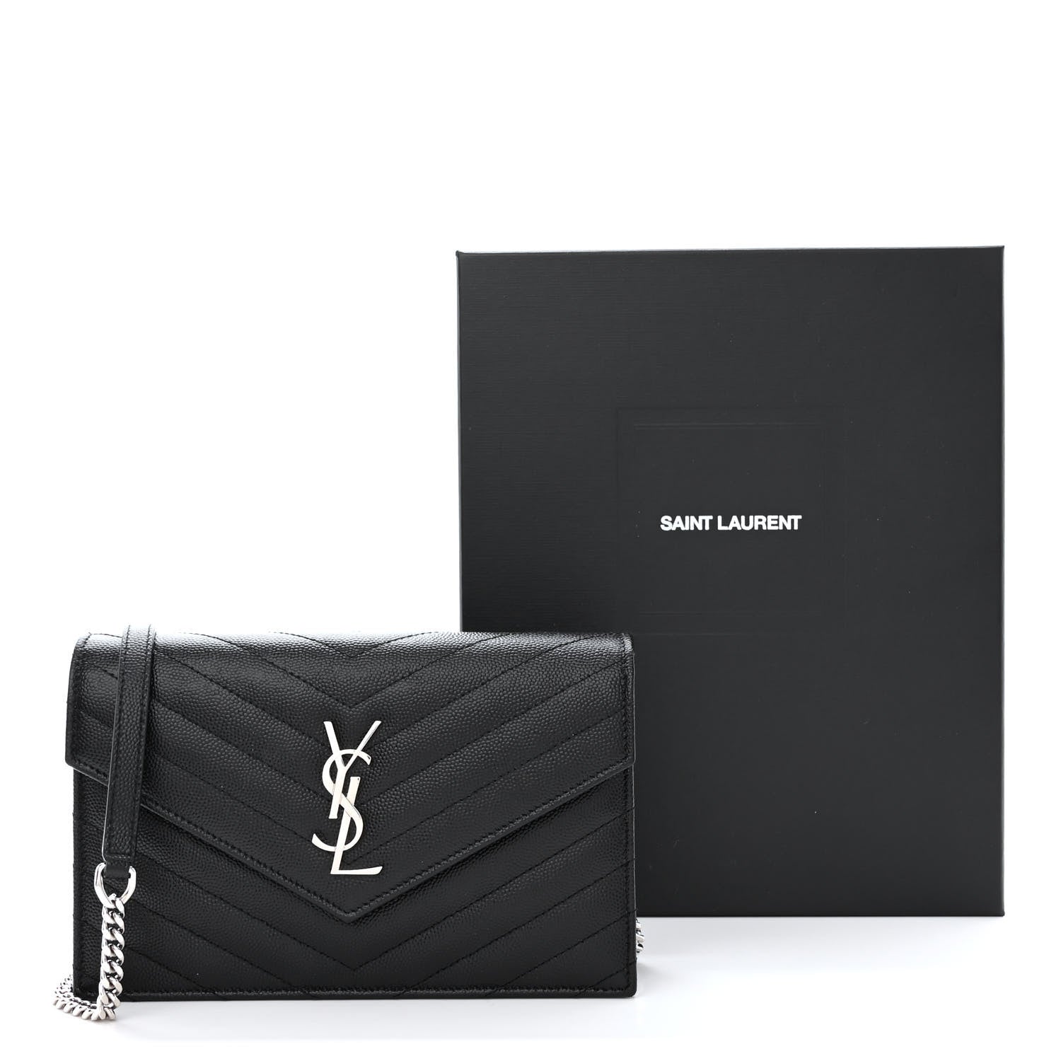 Saint Laurent Grain De Poudre Matelasse Chevron Monogram Envelope Chain Wallet Black 12 of 12