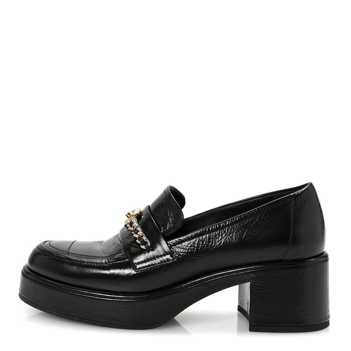 Shiny Calfskin Logo Platform Loafers 37.5 Black