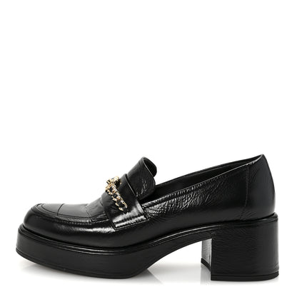 Chanel Shiny Calfskin Logo Platform Loafers 37.5 Black 1 of 9