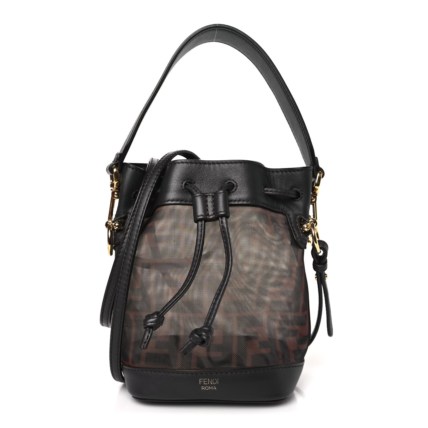 Fendi Mesh Vitello Grace F is Fendi FF 1974 Mini Mon Tresor Bucket Bag Marrone Black Ebano 1 of 9