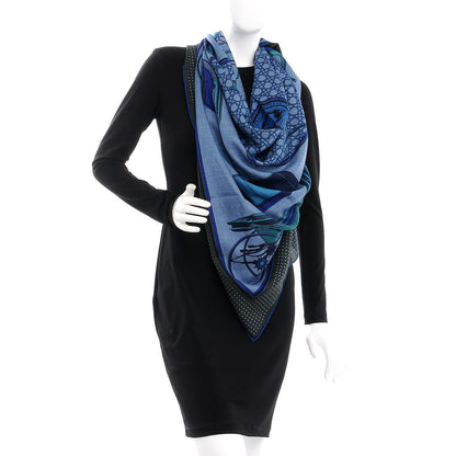 Hermes Cashmere Silk Les Voitures A Transformation Shawl 140 Bleu De Chine Kaki Marine 2 of 7
