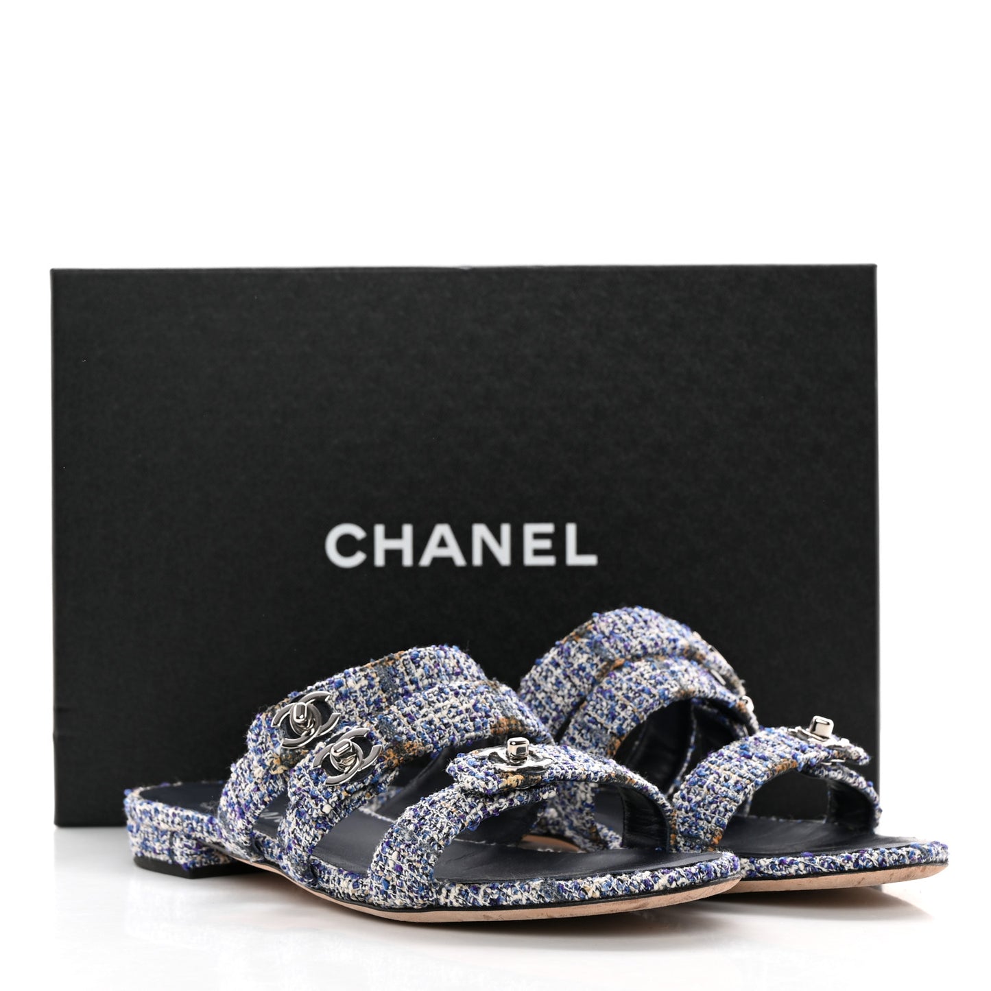 Tweed Lambskin CC Turnlock Mule Sandals 38 Blue Ecru Grey