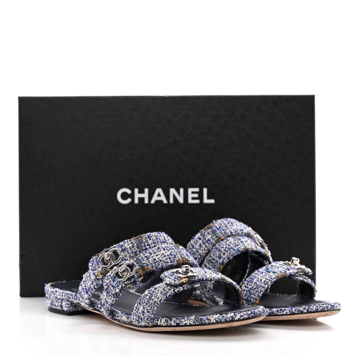 Chanel Tweed Lambskin CC Turnlock Mule Sandals 38 Blue Ecru Grey 14 of 14