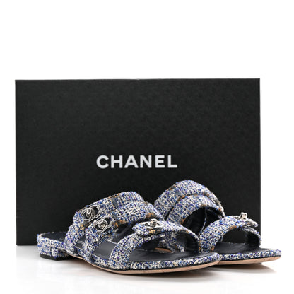 Chanel Tweed Lambskin CC Turnlock Mule Sandals 38 Blue Ecru Grey 14 of 14