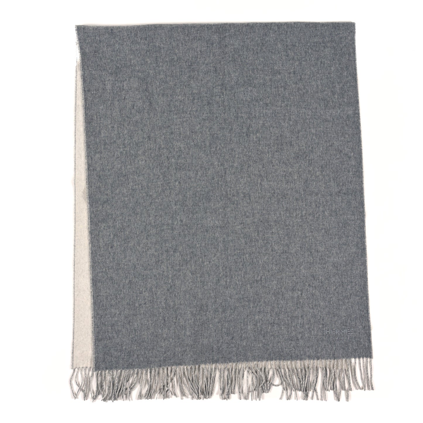 Cashmere Fringe Double Face Scarf Gris Flanelle Ivoire