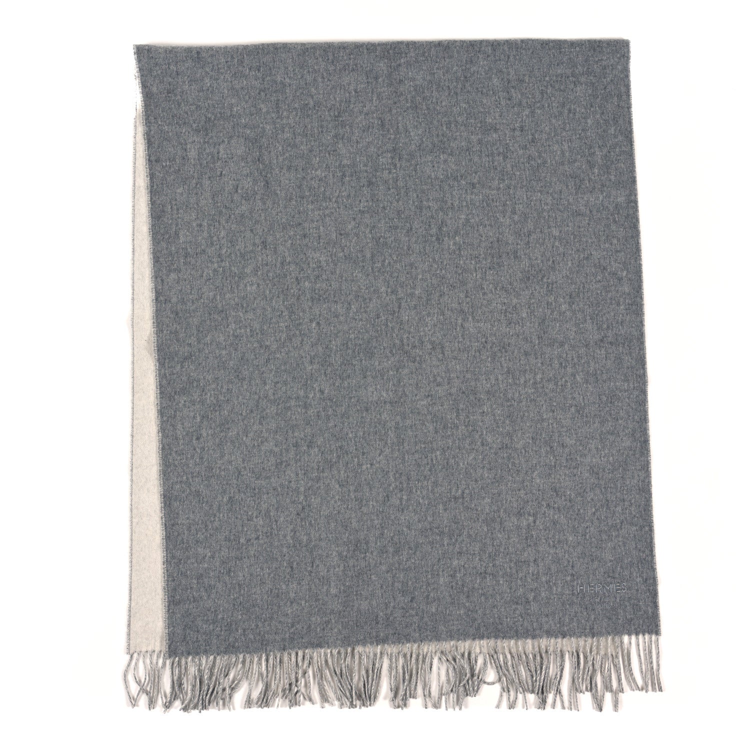 Hermes Cashmere Fringe Double Face Scarf Gris Flanelle Ivoire 2 of 3