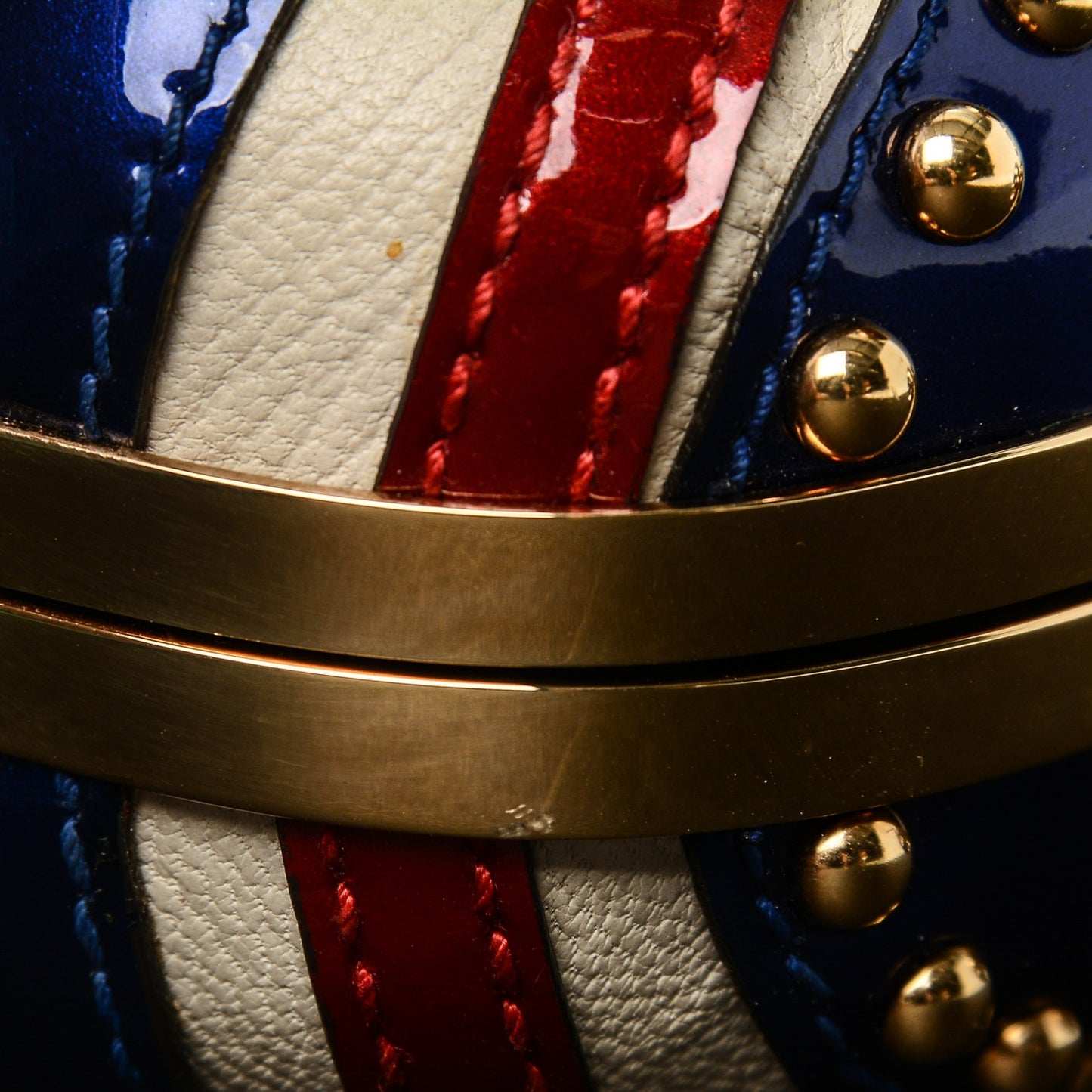 Patent Calfskin Studded Britannia Skull Box Clutch Red Blue