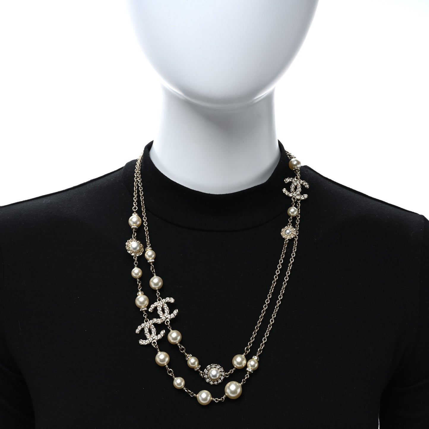 Pearl Crystal CC Long Necklace Gold