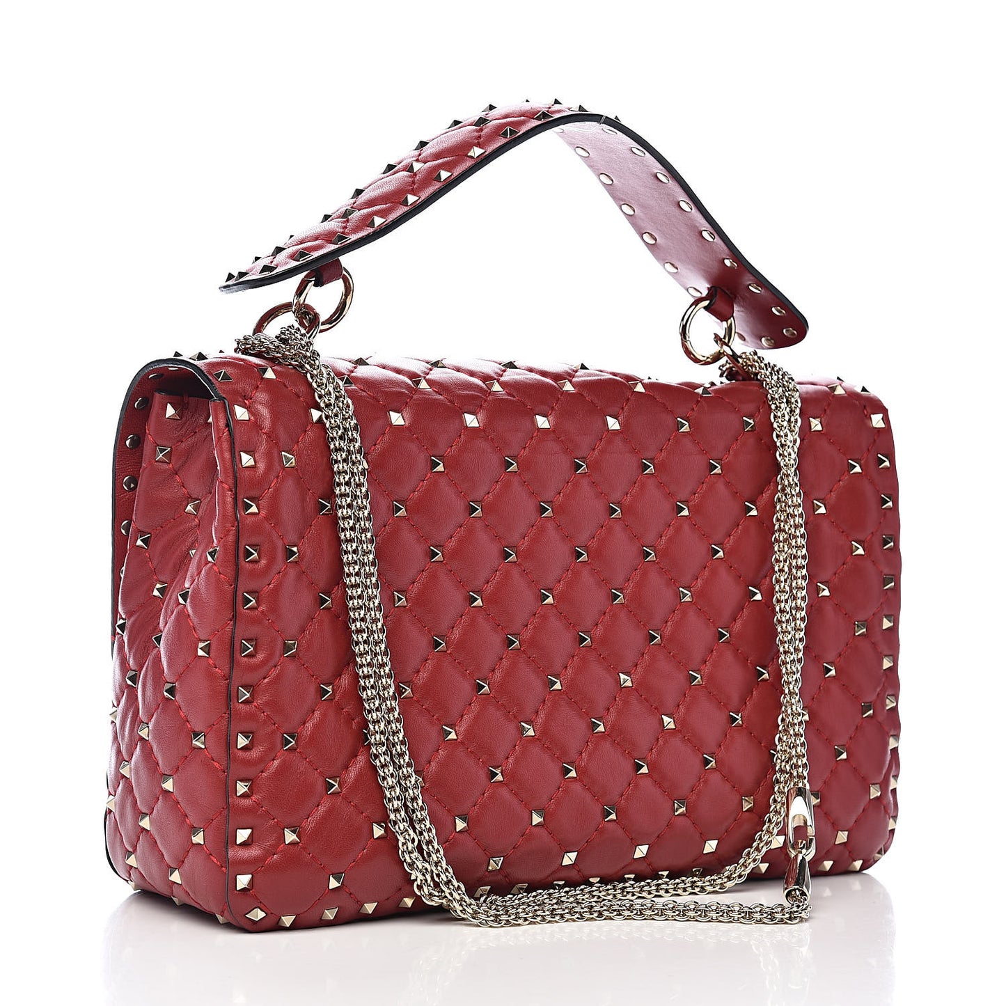 Lambskin Large Rockstud Spike Shoulder Bag Red