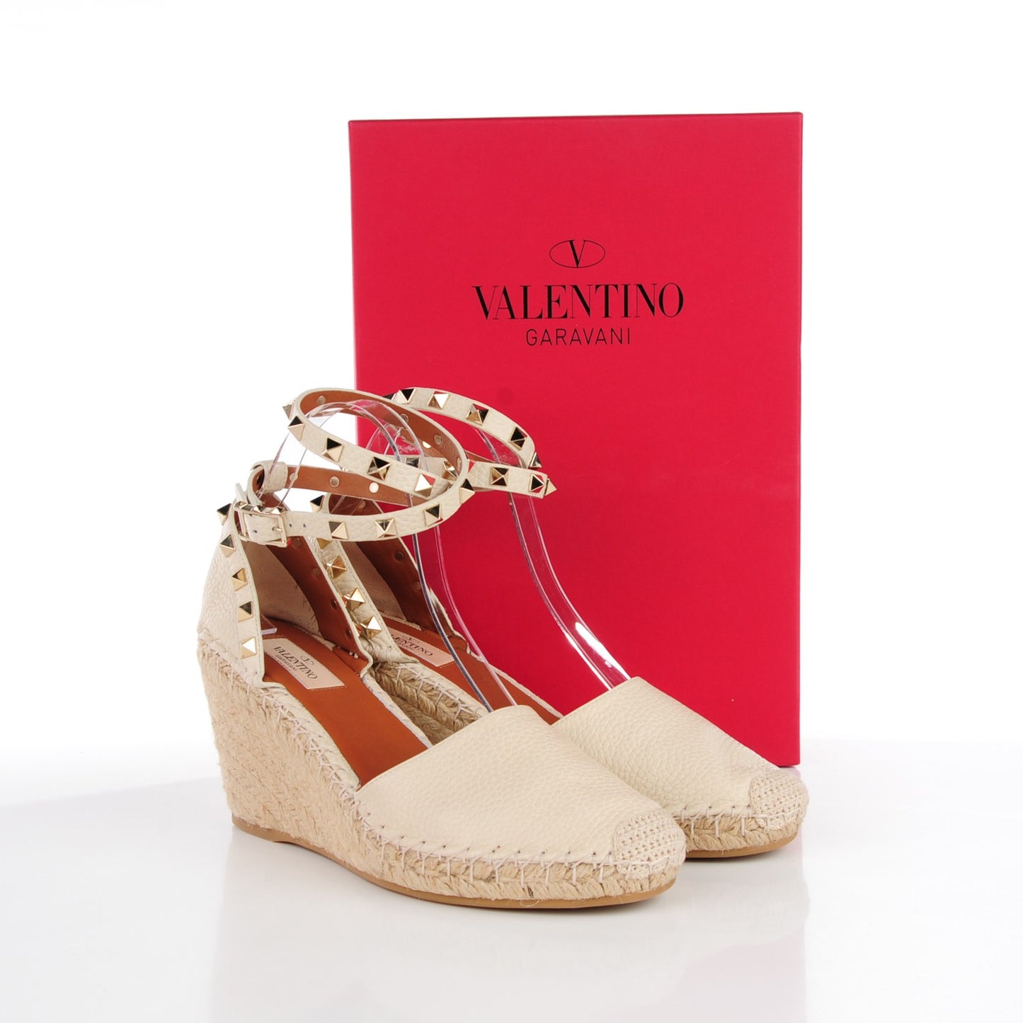 Grained Calfskin Rockstud Ankle Wrap Espadrille 15/85mm Wedges 39 Light Ivory