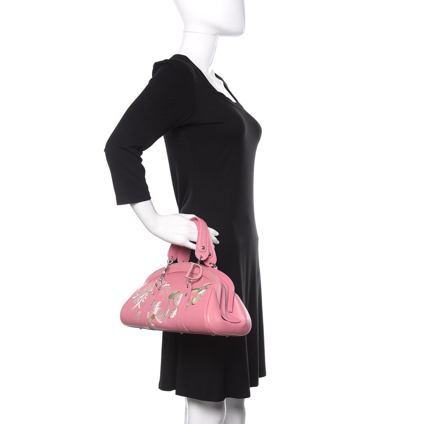Grained Calfskin Romantic Flowers Frame Satchel Pink