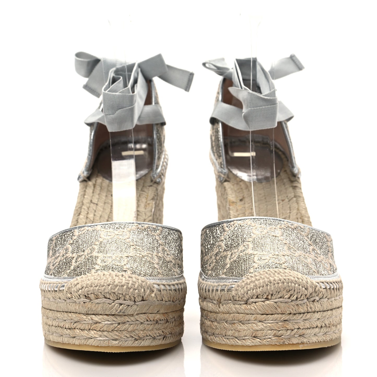 Lame GG Monogram Ankle Wrap Platform Espadrille Wedges 41 Silver Beige Light Grey