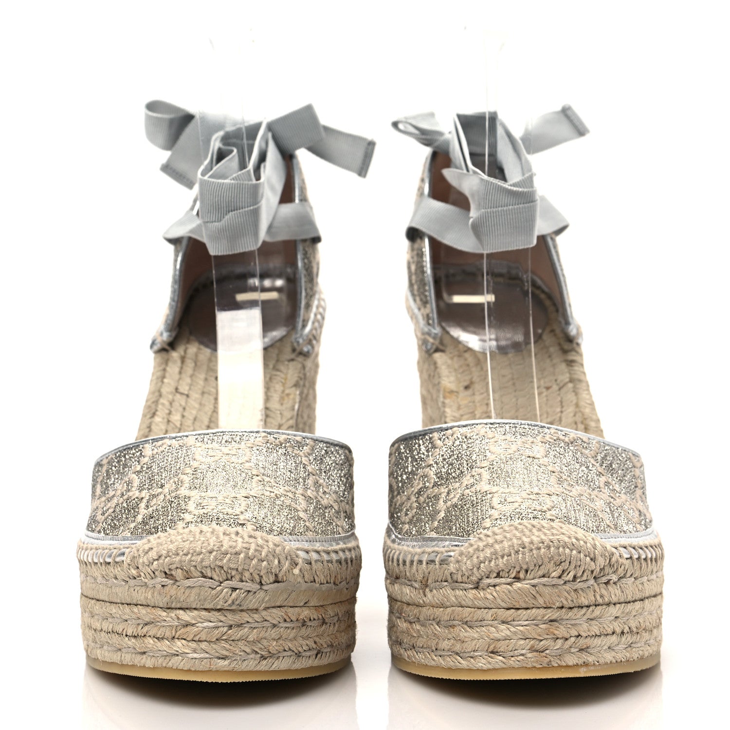 Gucci Lame GG Monogram Ankle Wrap Platform Espadrille Wedges 41 Silver Beige Light Grey 2 of 8