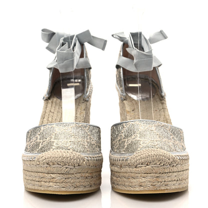 Gucci Lame GG Monogram Ankle Wrap Platform Espadrille Wedges 41 Silver Beige Light Grey 2 of 8