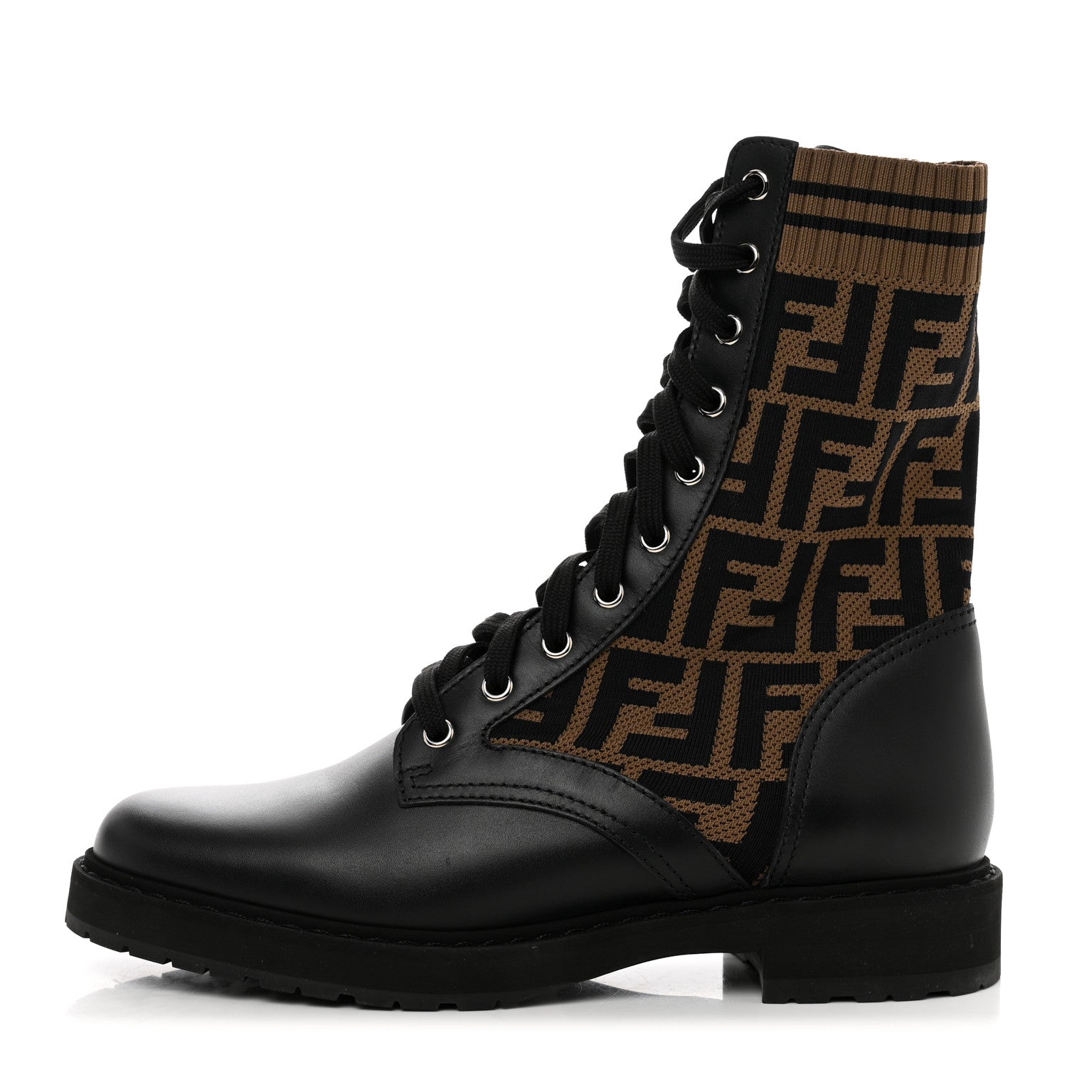 Fendi Calfskin Stretch Fabric FF Rockoko Biker Boots 39.5 Black Tobacco 1 of 8
